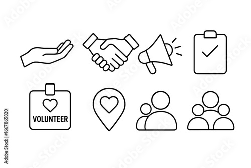 Volunteer icons set. Charity and donation line icon collection. Helping hand, community support, and social work concept. Vector signs for non-profit organization.