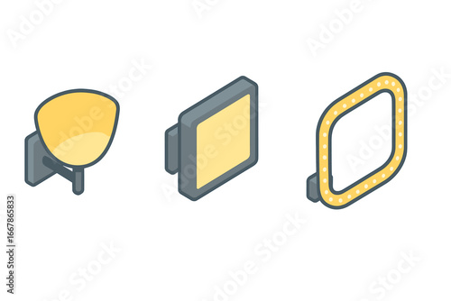 Isometric wall light fixtures icon set. Vector illustration of a wall sconce, lightbox sign, and LED marquee border light for interior design or ambient lighting concepts.