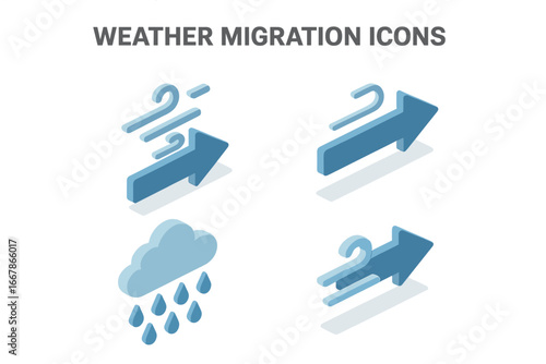 Weather migration icons isometric set. Climate factors affecting migration and movement. Headwind and tailwind arrow symbols. Rain cloud and wind direction vector illustrations.
