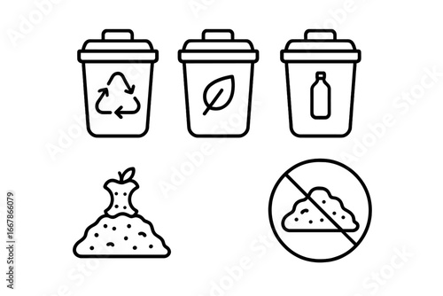 Waste management and recycling outline icon set. Icons for waste sorting, garbage separation, compost pile, and zero waste concept. Vector illustration for ecology and environment.