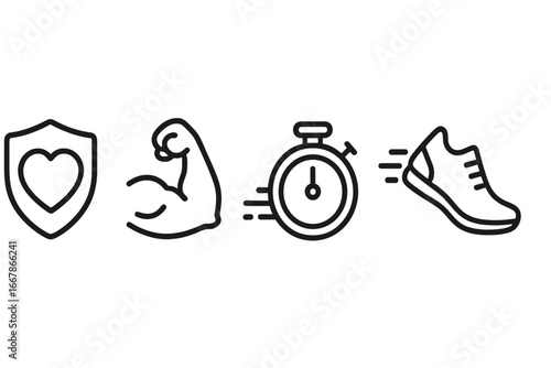 Champion attribute icon set. Vector outline icons for game stats or fitness app. Endurance shield, strength muscle, speed stopwatch, and agility shoe. Sport graphic elements.