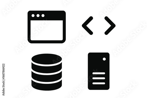 Web development icon set. Frontend and backend concept. Browser, code, database, and server icons. Full stack technology vector illustration for website and application design.