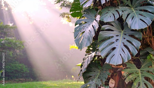 Philodendron Leaves with Sunbeam Highlights in Lush Garden