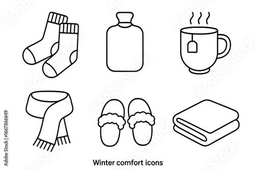 Winter comfort icon set. Cozy home essentials for cold season. Line art vector graphics with wool socks, hot tea, blanket, scarf, slippers, and a hot water bottle. Hygge concept.