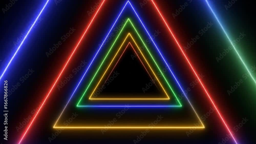 Colorful nested glowing triangles on black