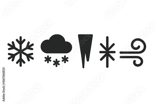 Winter weather solid glyph icon set. Vector symbols of cold season forecast. Snowflake, snow cloud, icicle, frost, and windy blizzard conditions. Minimalist pictogram collection.