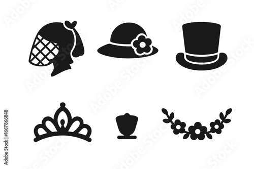 Wedding headwear solid icon set. Bride and groom accessories for marriage. Bridal fashion glyphs. Birdcage veil, tiara, top hat, floral wreath, crown, fascinator vector symbol.