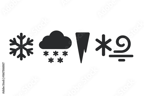 Winter weather icons collection. Solid glyph icon set of snowflake, snow cloud, icicle, frost, and blizzard symbol. Cold forecast vector pictogram for UI UX app design.