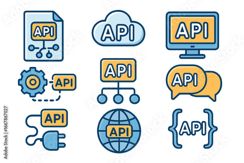 Set of API icons for technology and software development. Collection of application programming interface symbols for integration, connection, cloud computing, and web data.