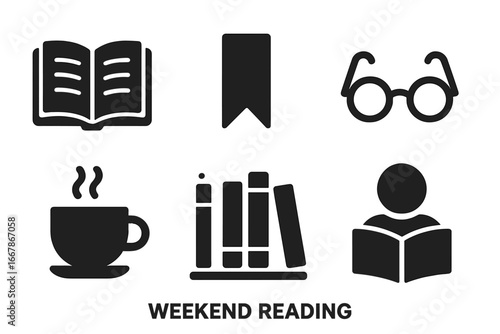 Weekend reading icon set. Solid glyph icons of leisure activity. Open book, bookmark, eyeglasses, coffee, bookshelf, library, study, education, knowledge, literature.