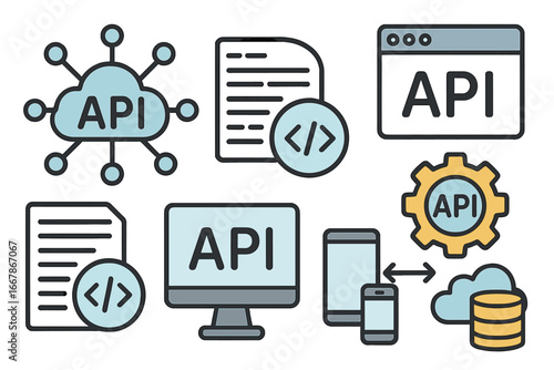 API icon set. Application Programming Interface concept. Vector line icons for software development, data integration, connection, cloud computing, web technology and apps.
