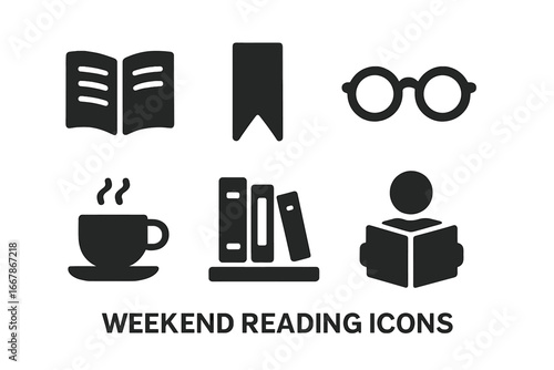 Reading solid icon set. Vector glyphs of book, library, bookmark, glasses, coffee, bookshelf for education or leisure. Concept knowledge, study, literature, learning.