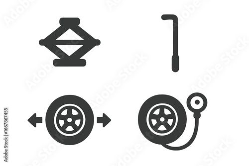 Car wheel service and repair icon set. Vector glyph symbols for auto maintenance. Includes scissor jack, lug wrench, tire alignment, and air pressure gauge concepts.