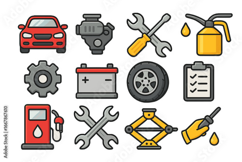 Car service icon set. Auto repair, maintenance concept. Vector icons for garage, mechanic. Engine, oil, tire, battery, jack, tools, checklist. Automotive pictogram collection.