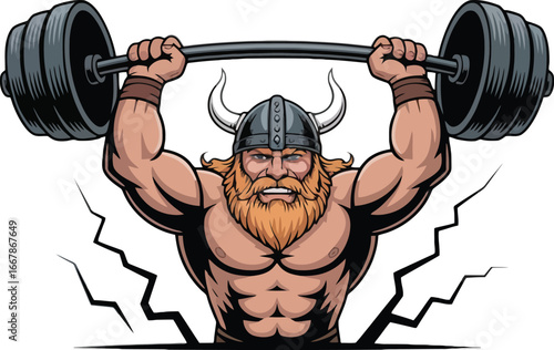 Muscular Viking Warrior Lifting Heavy Barbell with Horned Helmet and Beard