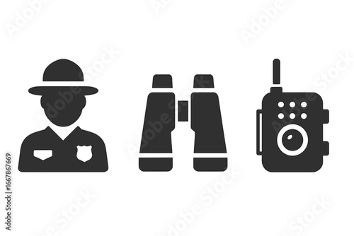 Park ranger vector icon set. Solid glyphs of a forest ranger, binoculars, and radio. Concept for wildlife conservation, nature protection, surveillance, and communication.