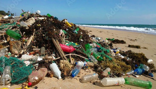 Pile of Marine Debris on Sandy Beach