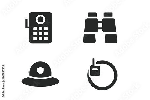Wildlife protection solid icon set. Ranger tools for conservation and anti-poaching surveillance. Includes camera trap, binoculars, ranger hat, and animal GPS radio collar.