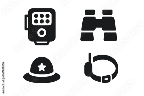 Wildlife protection solid icon set. Ranger tools and conservation equipment. Vector pack with camera trap, binoculars, tracker collar. Animal observation and monitoring symbols.