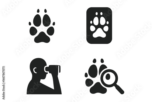 Wildlife tracking solid icon set. Animal paw print, footprint cast, and observation with binoculars. Trail spotting, nature exploration, ranger, hunter, and safari vector symbols.