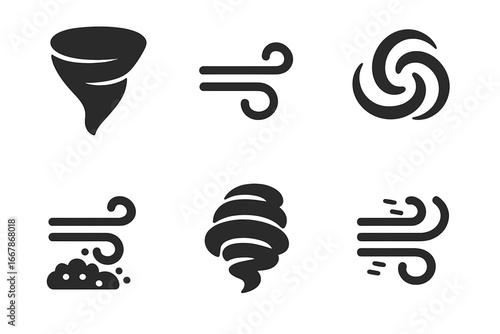 Wind icons set for weather phenomena. Solid glyph symbols of tornado, hurricane, cyclone, gust of wind, whirlwind, dust storm and gale. Vector meteorology illustration.