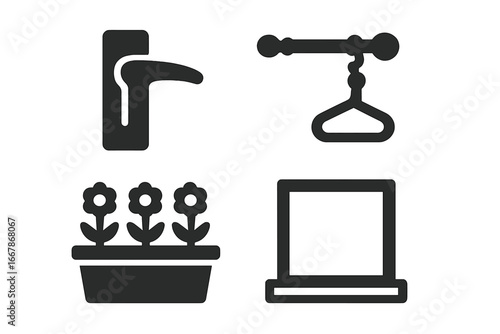 Window details solid glyph icon set. Home decor vector elements. Door handle, curtain rod, flower box, and windowsill silhouette symbols for web and mobile ui design.