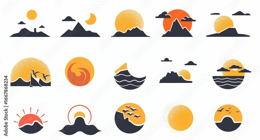 Naklejka premium Abstract landscape icons, various sun/moon/mountain/cloud/water designs