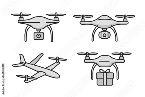 Drone icon set. Quadcopter with camera for aerial photography, video surveillance. Unmanned aircraft for gift, package delivery. Modern technology innovation vector illustration.