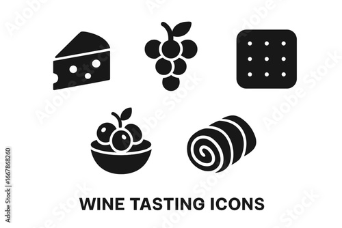 Wine tasting solid glyph icon set. Appetizer and snack symbols for winery, bar, or restaurant menu. Vector collection of cheese, grapes, cracker, olives, and prosciutto.