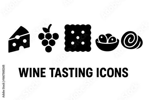 Wine tasting snacks icon set. Charcuterie board food elements. Cheese, grapes, cracker, olives, and prosciutto. Antipasto and appetizer solid glyph icons for gourmet food.
