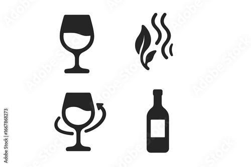 Wine tasting icon set. Vector glyph symbols for wineglass, bottle, swirl, and aroma. Sommelier signs for degustation, winemaking, winery concepts. Restaurant menu element.