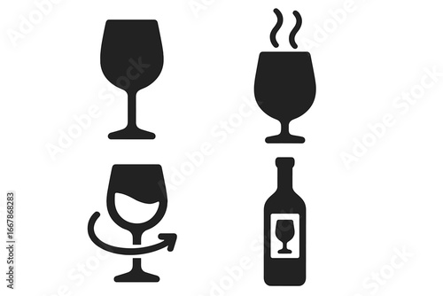 Wine tasting icon set. Solid glyph symbols for wine degustation. Vector collection of wine glass, bottle, aroma sniffing, and swirling motion. Sommelier pictogram elements.