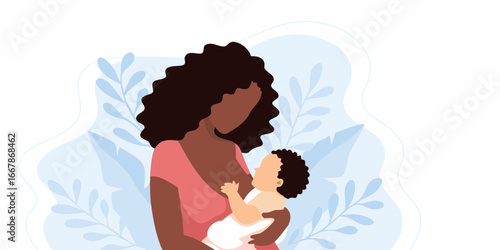 African American mother breastfeeding her baby with floral background illustration