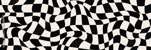 Trippy melting checkerboard. Retro groovy background. Wavy distorted chessboard surface. Psychedelic optical pattern..
