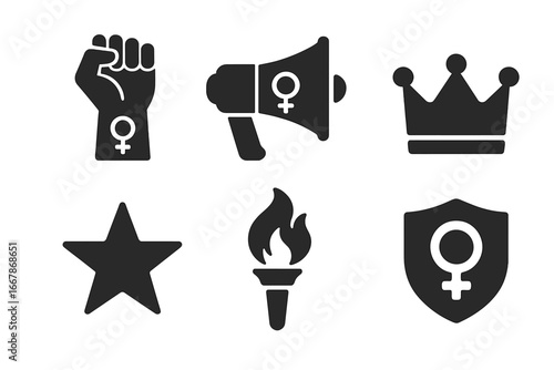 Set of women empowerment icons. Solid glyph vector symbols for feminism, girl power, equality and protest. Features raised fist, megaphone, crown, torch, star, and shield.