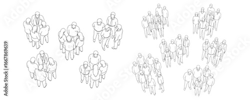 Minimal CAD-style outline drawings of people standing in groups, shown from top perspective view, vector illustration for architectural floor plans and urban design projects