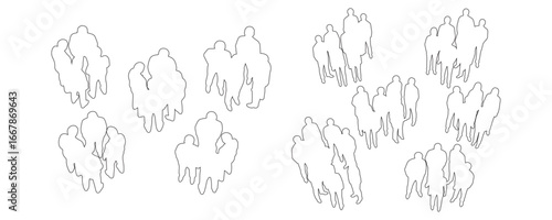 Minimal CAD-style outline drawings of people standing in groups, viewed from above in top perspective vector illustration