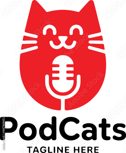 PodCats Logo: Red Cat with Microphone for Podcast Brand Identity