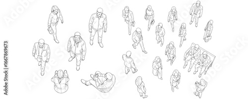 Minimal CAD-style outline drawings of people walking, standing, and sitting in various poses, shown from top view perspective, architectural vector illustration for design and planning projects