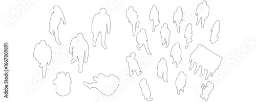 Minimal CAD-style outline drawings of people walking, standing, and sitting, viewed from above in top perspective vector illustration