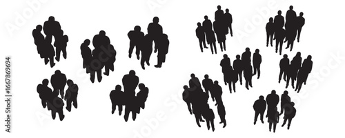 CAD-style top view silhouette vector drawings of people standing together in groups for architectural plans, layouts, and design illustrations