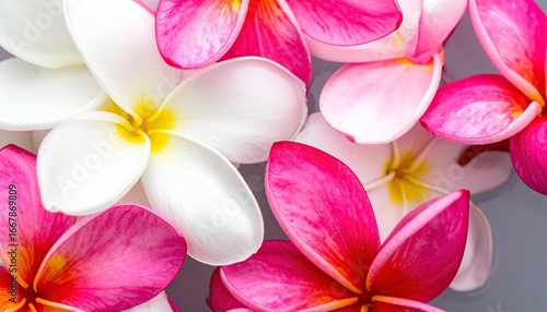 Pink and White Frangipani Petals on Gray Background