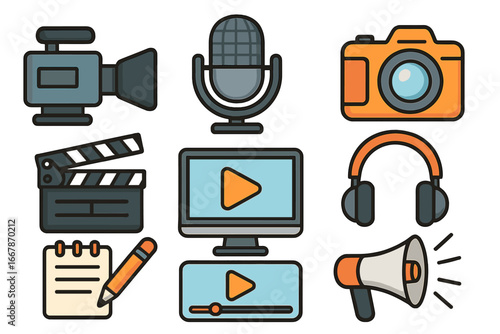 Media production icon set. Content creator tools. Vlogging, podcasting, streaming. Film, video, audio, photo symbols. Vector cartoon illustration. Multimedia producer kit.