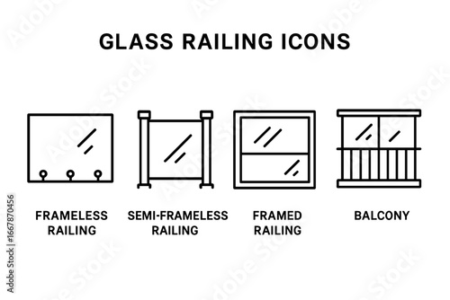 Glass railing types vector icon set. Outline pictograms for balustrade and fence design. Includes frameless, semi-frameless, framed, and balcony railing illustrations.