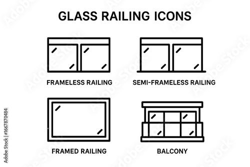 Glass railing types icon set. Vector outline pictograms of frameless, semi-frameless, and framed balustrades. Balcony fence graphic. Architecture and construction elements.