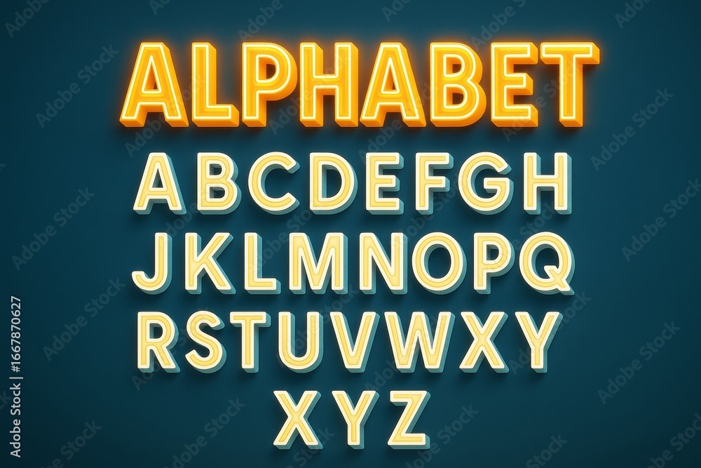Glowing light-style alphabet letters set in uppercase on dark background for modern abstract typography and graphic resources design concepts. Ai generative