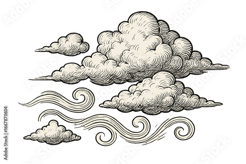 Vintage engraving clouds and wind swirls collection. Hand drawn retro cloudscape sketch in an antique woodcut style. Decorative ornamental weather and sky elements vector set.