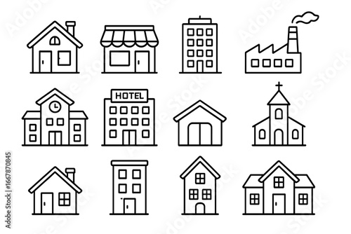 Building icon set. Simple line art collection of various buildings. House, real estate, store, office, hotel, school, factory and church. City architecture symbols vector.