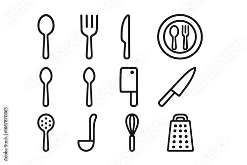 Kitchen utensil and cutlery line icon set. Simple cooking and food tools collection. Vector outline symbols of spoon, fork, knife, cleaver, ladle for restaurant or cafe menu.