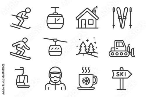 Ski resort line icon set. Winter sport, mountain, ski, snowboard, gondola, lift, chalet. Vector pictogram collection for outdoor activities, travel and leisure concepts.